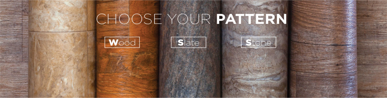 selection of resilient vinyl flooring with the words "Choose Your Pattern - Wood, Slate, Stone"