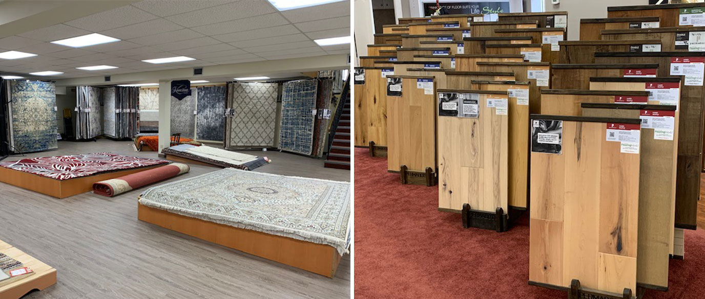 Two photos. Left photo is rugs in showroom laid out for display. Two is a variety of flooring options displayed